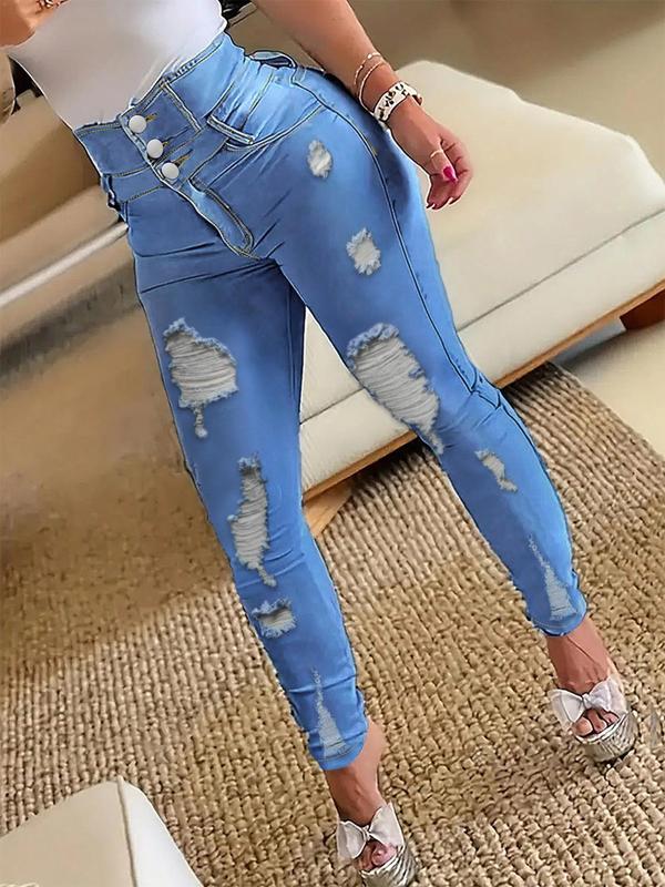 Women's Plain Ripped Button Fly Skinny Denim Jeans, Fashion Casual High Waist Pocket Design Jeans for Daily Outdoor Wear, Women Jeans, Ladies Bottoms for All Seasons High Waist Jeans