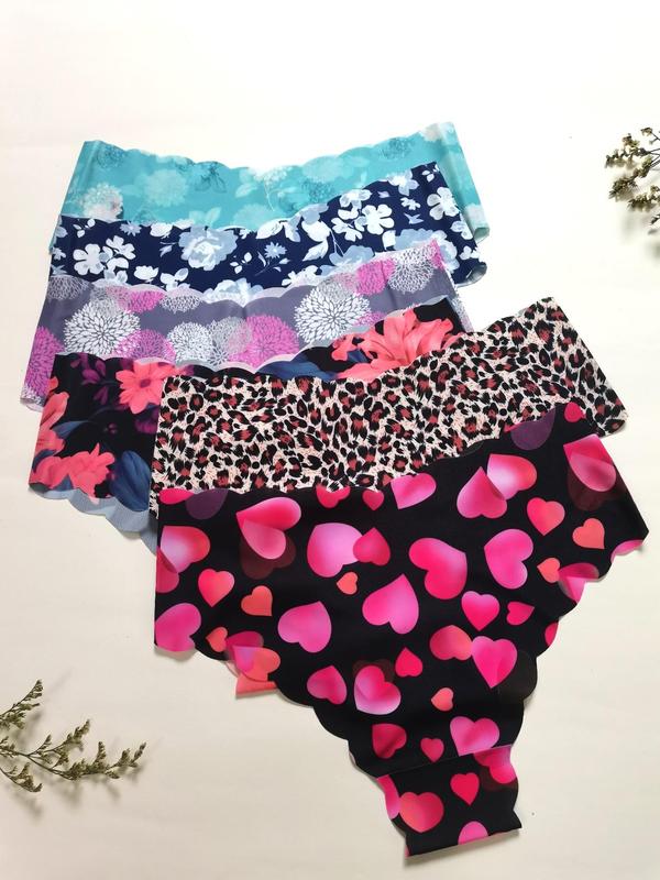 Women's All Over Print Scallop Trim Knicker, Comfy Breathable Seamless Panty, Summer Panties, Ladies Underwear for Daily Wear