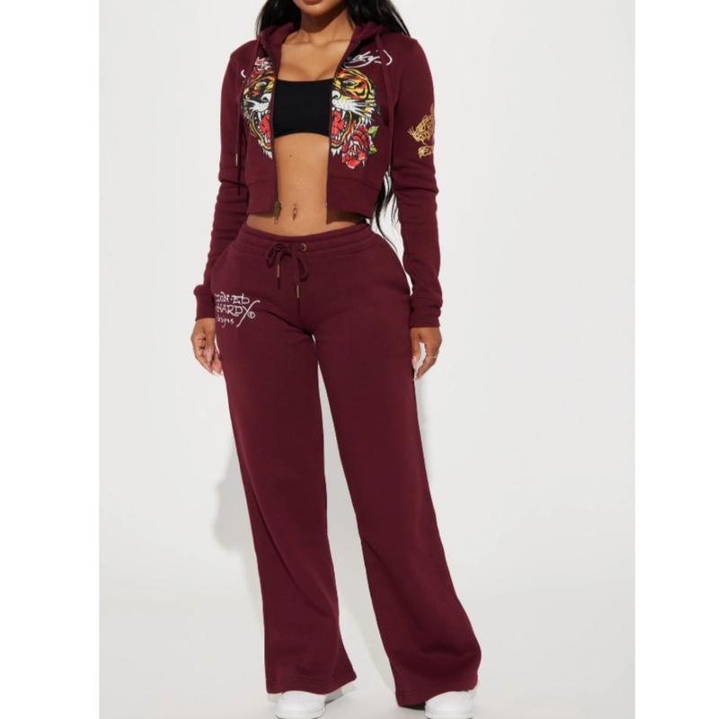 ED HARDY BURGUNDY RETRO TIGER WIDE LEG PANTS women's bottom y2k loose wide