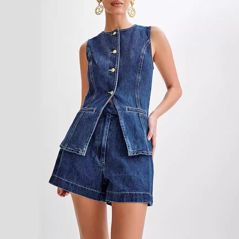 Women's Denim Long Vest Tops, Button-up Back Slit Sleeveless Pocket Round Neck Waistcoat, Casual Vest 2024, Ladies Top for Indoor Outdoor Wear, Ladies Clothes for Daily Wear