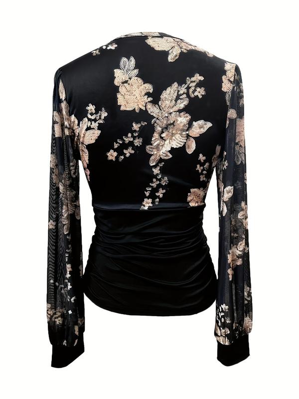 Women's Floral Print Contrast Mesh Ruched Wrap Bishop Sleeve Tee, Elegant Deep V Neck Long Sleeve T-shirt for Spring & Fall, T Shirts for Women, Fashion Women's Top for Daily Wear, Vintage Graphic Tees