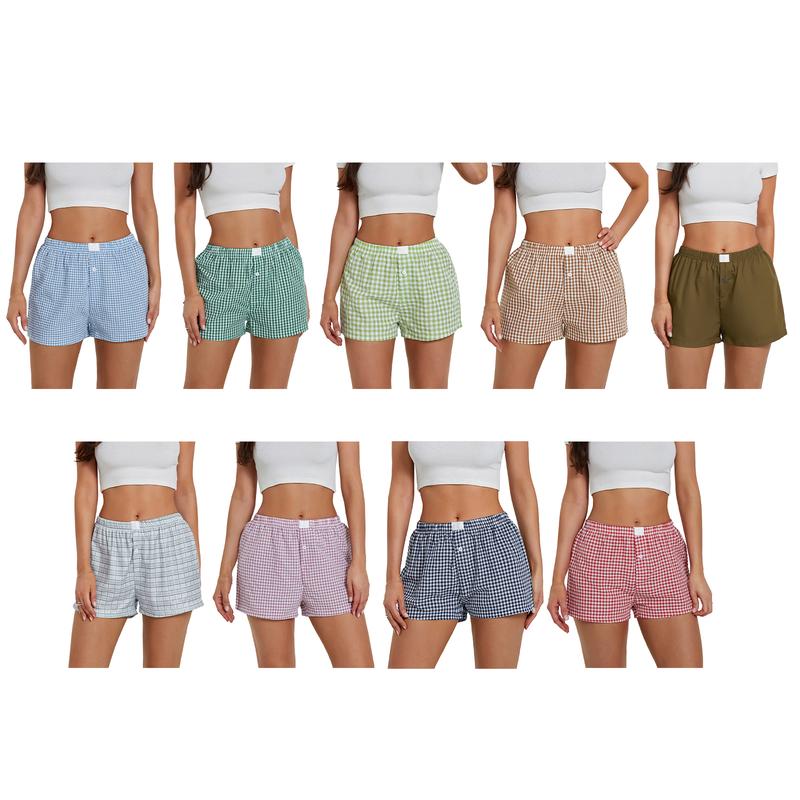 Women’s Plaid Print Shorts Elastic Low Waist Button Front Lounge Shorts Boxers Streetwear Casual Daily Outfit