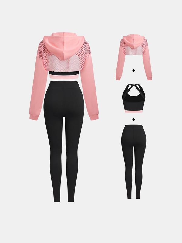 YOZY Three-Piece Set Women's Solid Color Hollow Out Crop Hoodie & High Waist Leggings & Colorblock Crop Tank Top, Casual Fashion Cozy Breathable Outfits for Daily Outdoor Wear, Sweatsuit Set Outfit, Ladies Clothes for All Seasons