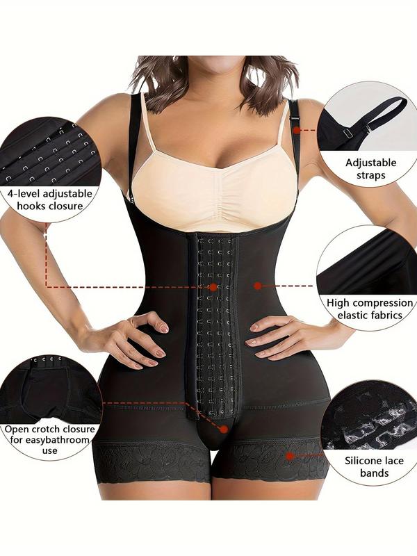 Women's Adjustable Hook & Eye Closure Shapewear Bodysuit, Solid Color Contrast Lace Backless Shaper,  Waist Trainer Women, Tummy Control Shapewear for Women