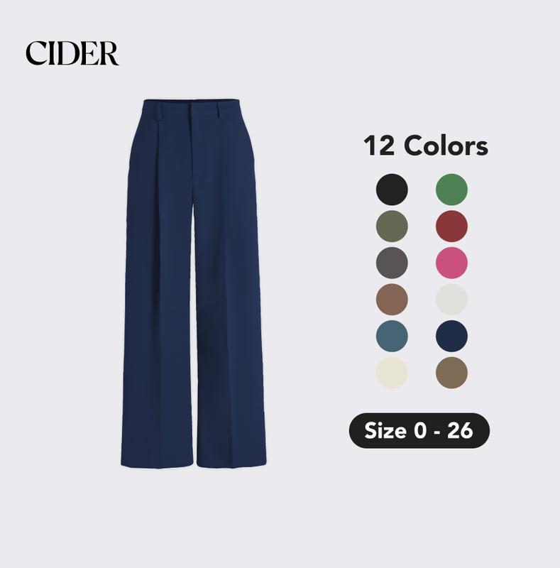 Cider [12 colors, size Petite 0 - Regular 26] High Waist Pleated Wide Leg Pants, Straight Leg Trousers with Side Pocket, Womenswear for Daily Casual & Work