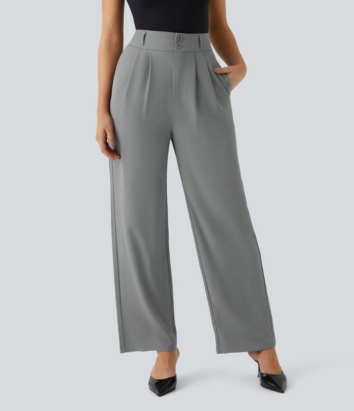 Halara High Waisted Button Zipper Plicated Side Pocket Shirred Straight Leg Work Suit Pants