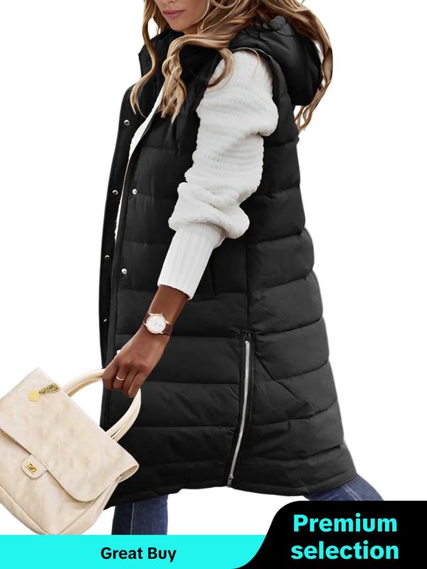 Women's Solid Button Front Hooded Vest Winter Coat, Casual Zipper Design Pocket Design Sleeveless Hooded Outerwear for Fall & Winter, Jackets for Women, Winter Clothes Women, Women's Tops Clothing for Daily Wear