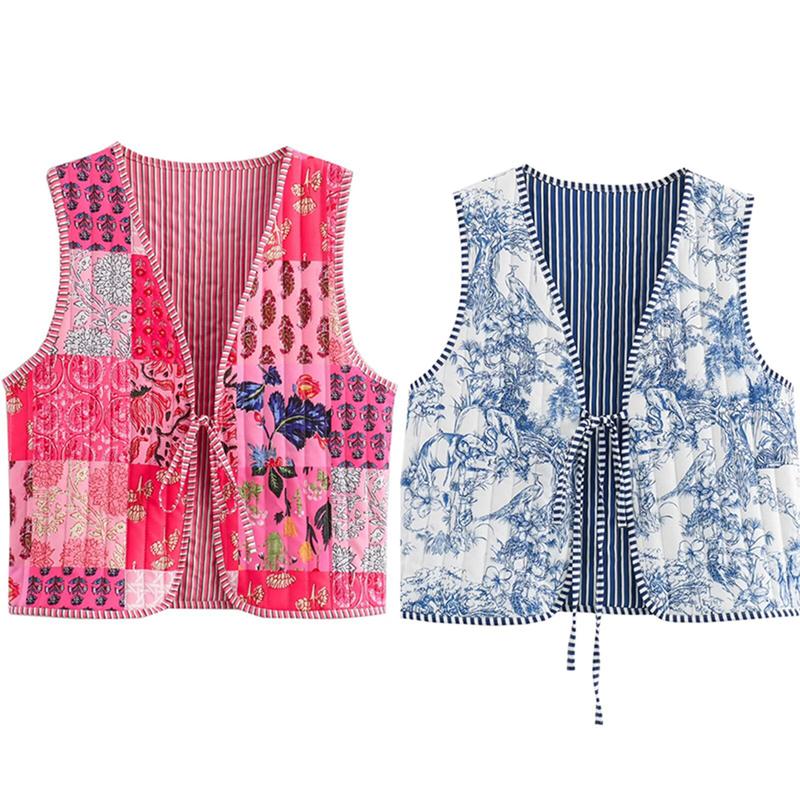 Women's Floral Quilted Puffer Vest Lightweight Sleeveless Open Front Cropped Padded Outwear Vest Tie Front Fall Waistcoat Party Streetwear