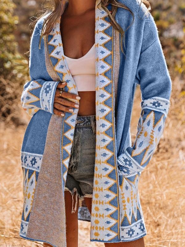 Women's Geometric Print Shawl Collar Open Front Cardigan, Boho Casual Long Sleeve Drop Shoulder Pocket Cardigan for Fall & Winter, Women's Knit Clothing for Daily Wear