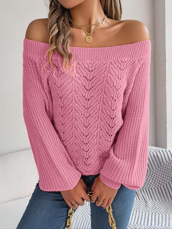 Women's Plain Hollow Out Lantern Sleeve Sweater, Casual Off Shoulder Long Sleeve Jumper For Fall & Winter, Women's Knitwear Top For Daily Wear