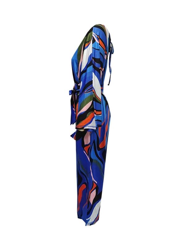 Women's Colorblock Print Belted Wrapped V Neck Wide Leg Jumpsuit, Casual Long Sleeve Tie Back Jumpsuit for Summer, Fashion Ladies' Clothes