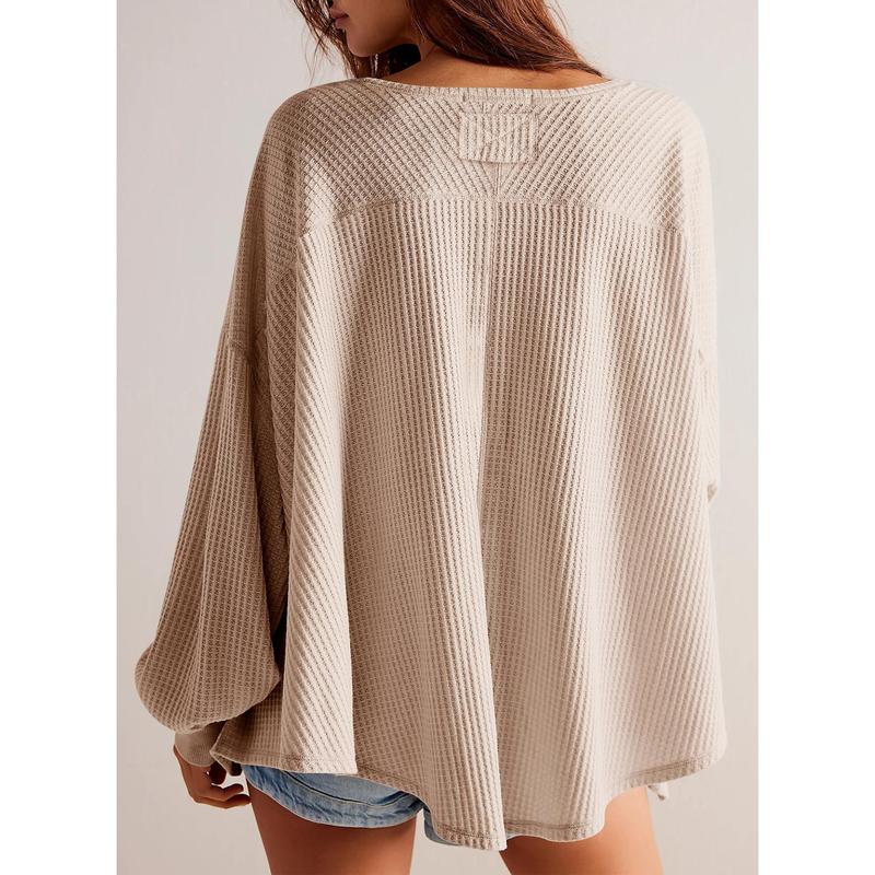 Dokotoo Womens Waffle Knit Tops 2024 Fashion Long Lantern Sleeve Casual Blouses V Neck Oversized T Shirts