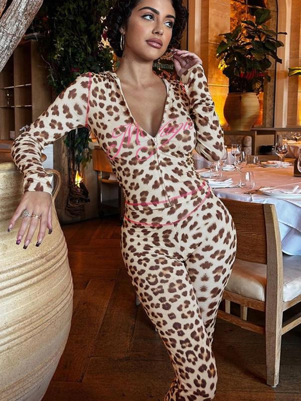 Women's Leopard Print Zip Up Crop Top & Pants Two-piece Set, Casual Long Sleeve Top & Trousers for Daily Wear, Ladies Two-piece Outfits for Summer