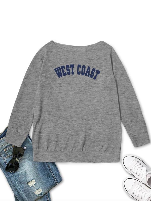 Women's Letter Print Sweatshirt, Casual Long Sleeve Boat Neck Pullover for Summer, Ladies Clothes for Daily Wear