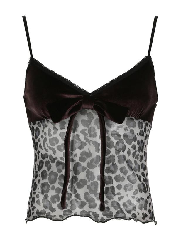 Women's Patchwork Leopard Print Bow Decor Lace Trim Cami Top, Sexy Fashion Adjustable Strap Crop Top, Women's Clothes for All Seasons