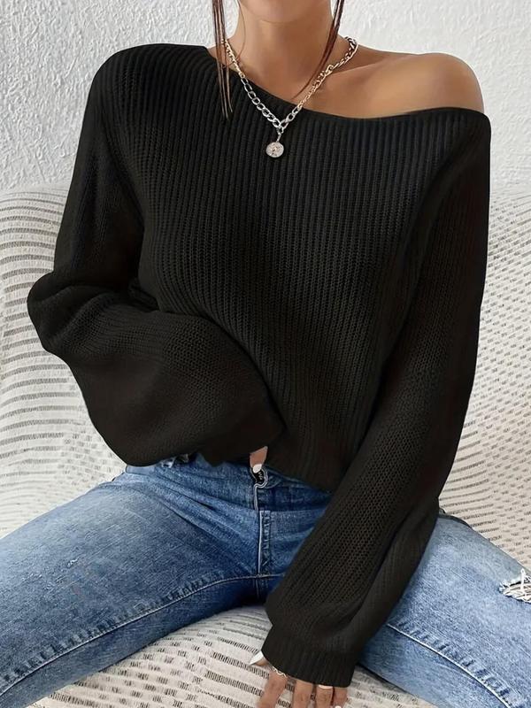 Women's Minimalist Solid Drop Shoulder Asymmetrical Neck Knit Tops, Lady Basic Casual Fit Fall Womenswear Long Sleeve Knitting Jumper, Crochet Tops, Women's Sweater Knitwear for Daily Wear Y2k