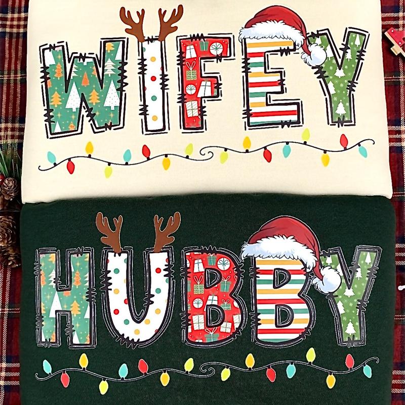 Christmas Couple Matching Sweatshirt, Wifey Hubby Christmas Crewneck Sweater, Christmas Theme Printed Mr and Mrs Jumper Fabric Womenswear Check Comfortable