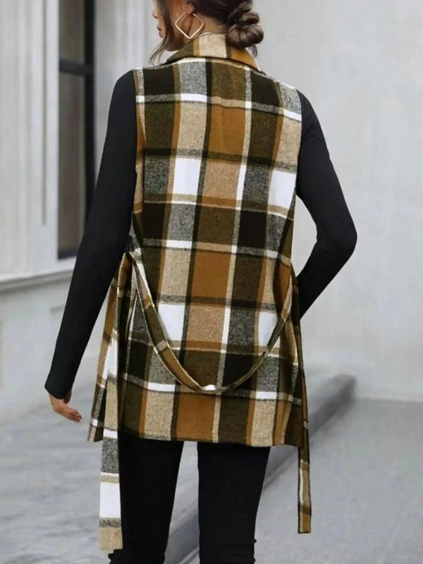  Plaid Print Belted Lapel Vest Coat, Casual Sleeveless Open Front Outerwear for Spring & Fall, Women's Clothes for Daily Wear