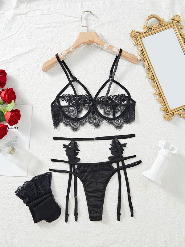 Women's 4pcs Solid Floral Lace Cut Out Bra & Thong & Garter Belt & Stockings Sexy Lingerie Set, Sexy Elegant Adjustable Strap Lingerie Set, Fashion Sexy Underwear Set for Women