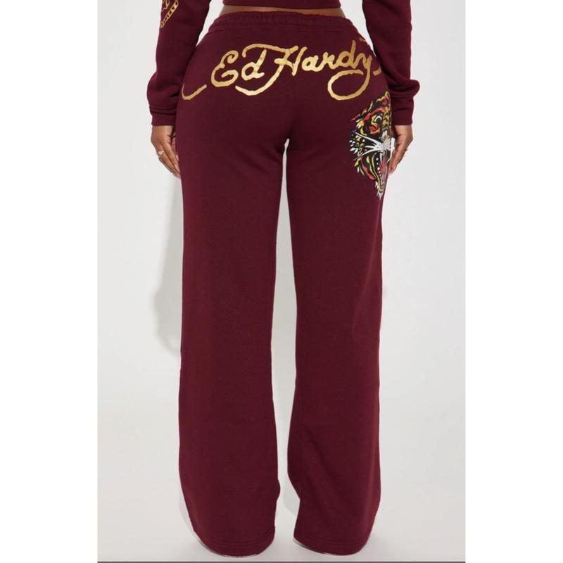 ED HARDY BURGUNDY RETRO TIGER WIDE LEG PANTS women's bottom y2k loose wide