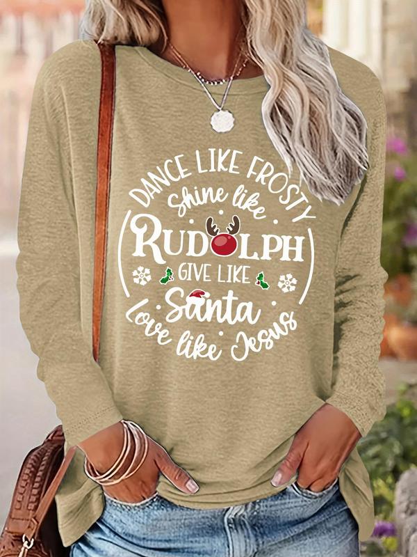 Women's Christmas Letter Print Drop Shoulder Tee, Casual Long Sleeve Round Neck Pullover for Daily Wear, Ladies Fall & Winter Clothes