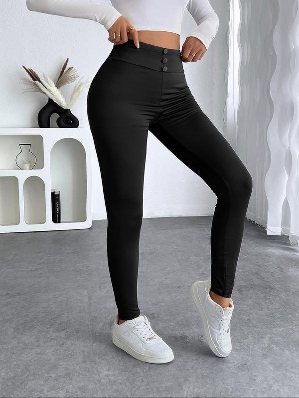 Women's Solid Fake Buttons High Waist Leggings, Casual Comfy Skinny Pants for Daily Wear, Ladies Bottoms for Fall & Winter