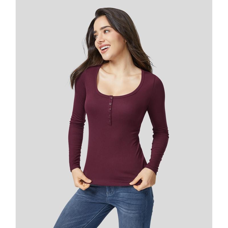 Halara Ribbed Henley Neck Long Sleeve Slim Casual Top