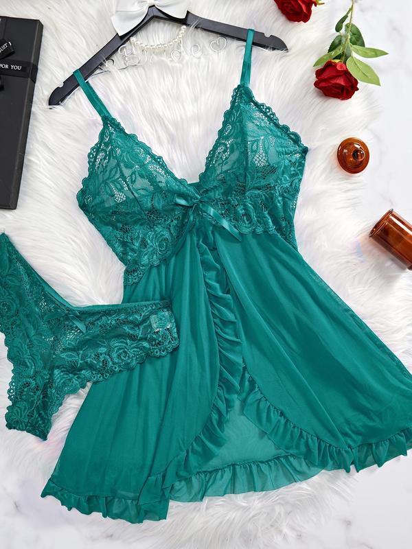 Women's Contrast Lace Ruffle Trim Wrap Cami Nightdress & Bow Front Panty Set, Comfort Fabric Adjustable Spaghetti Strap Backless Sleep Dress & Knicker Set, Underwear for Women, Back To School Sleepwear, Fall Wear 2024, 2 Piece Sets Women