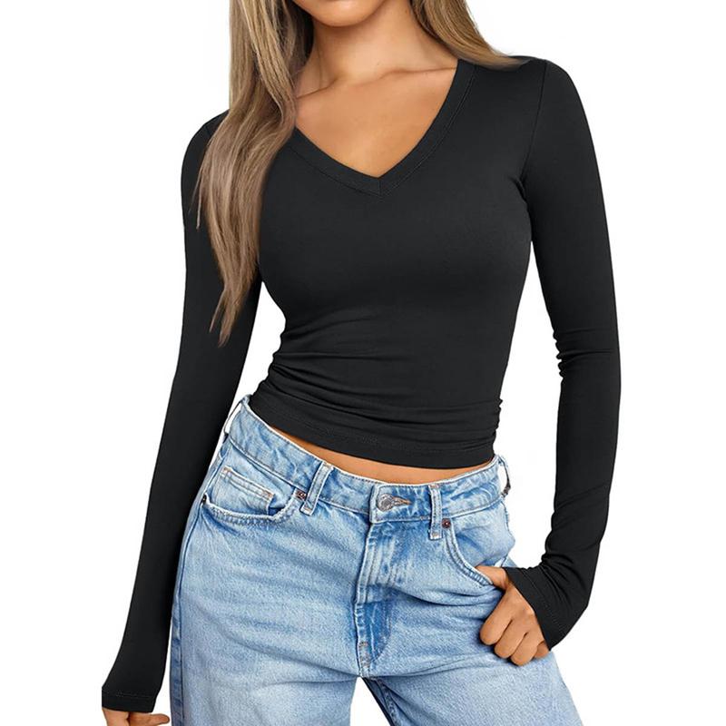 Womens Sexy V Neck T Shirt Long Sleeve Slim Fit Basic Tee Tunic Tops