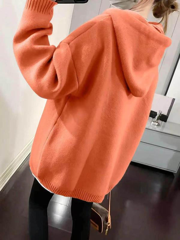 Women's Cartoon Face Print Drop Shoulder Hooded Sweater, Fashion Casual Long Sleeve Drawstring Hooded Sweater for Daily Holiday Outdoor Wear, Women Knitwear for Fall & Winter