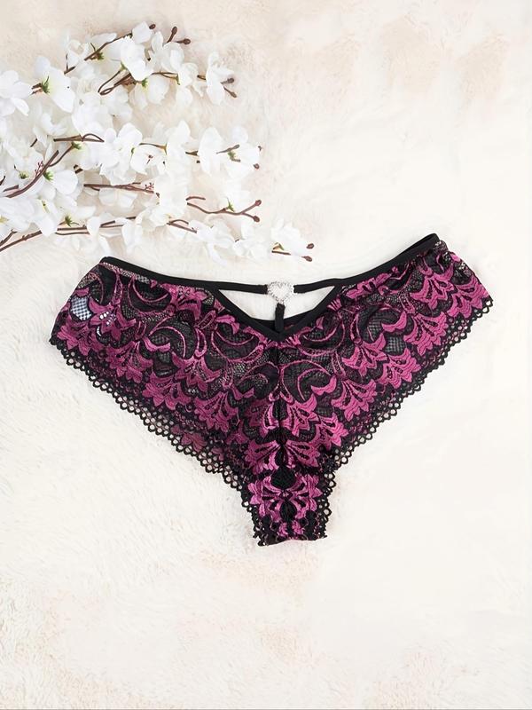  Colorblock Heart Decor Contrast Lace Panty, Soft Comfy Breathable Knicker for Daily Wear, Women's Underwear for All Seasons