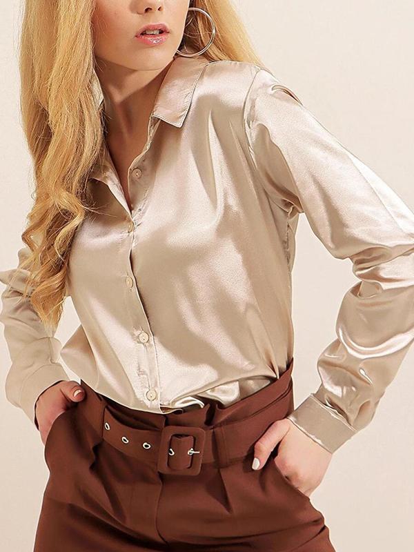 Women's Solid Button Front Satin Shirt, Elegant Long Sleeve Collared Top for Daily Wear, Ladies Clothes for All Seasons