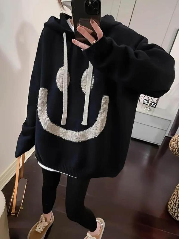 Women's Cartoon Face Print Drop Shoulder Hooded Sweater, Fashion Casual Long Sleeve Drawstring Hooded Sweater for Daily Holiday Outdoor Wear, Women Knitwear for Fall & Winter