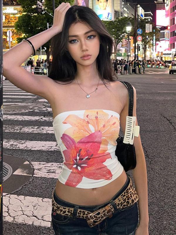 Women's Floral Print Backless Crop Tube Top, Fashion Casual Sleeveless Top for Daily Outdoor Wear, Women's Clothes for Summer