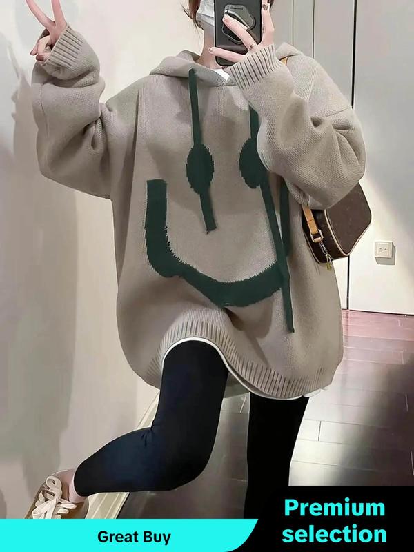 Women's Cartoon Face Print Drop Shoulder Hooded Sweater, Fashion Casual Long Sleeve Drawstring Hooded Sweater for Daily Holiday Outdoor Wear, Women Knitwear for Fall & Winter