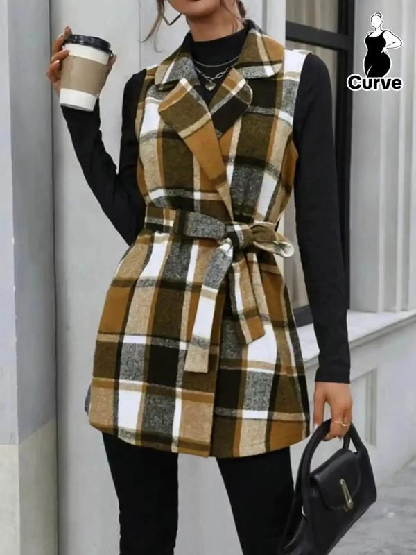  Plaid Print Belted Lapel Vest Coat, Casual Sleeveless Open Front Outerwear for Spring & Fall, Women's Clothes for Daily Wear