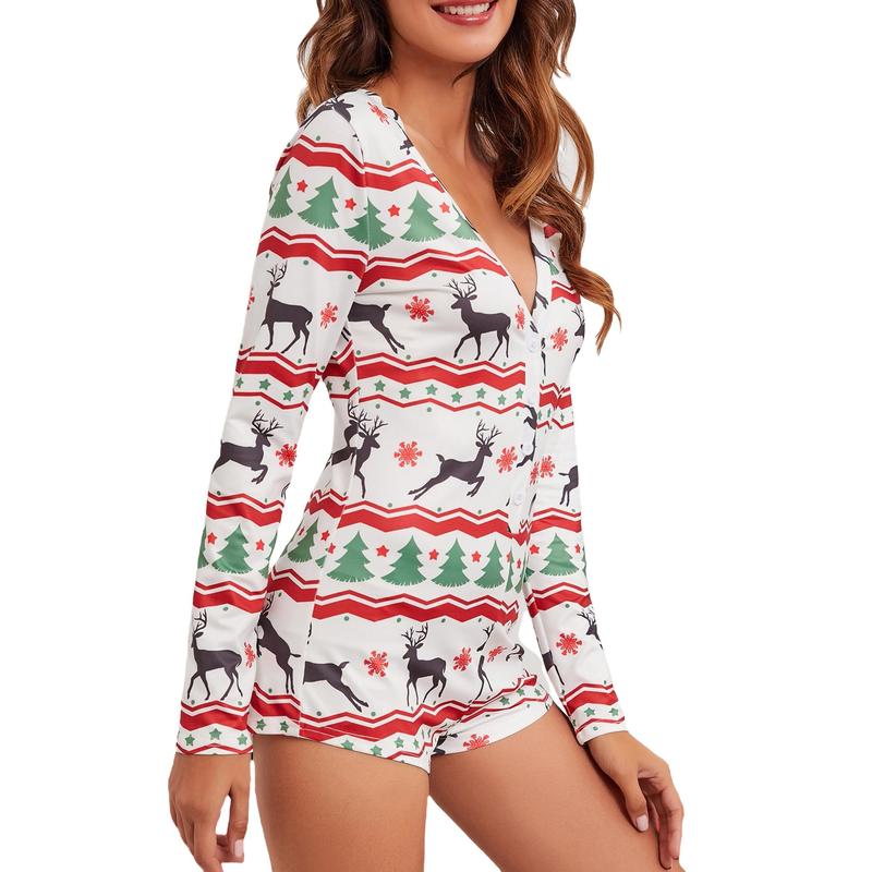 Women Christmas Printed Pattern Pajama, V-neck Long Sleeve Playsuit Loungewear Nightwear Soft Pjs Two-Piece Sleepwear Black Friday Womenswear Comfortable