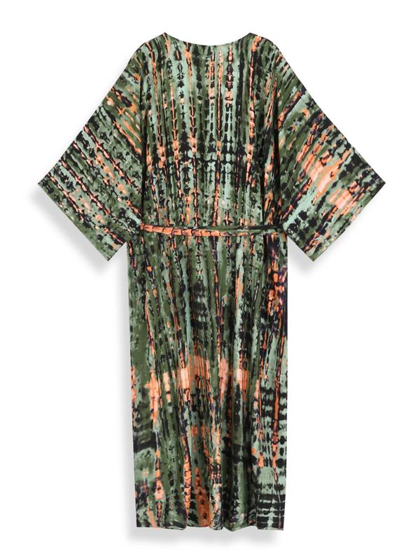 Women's All Over Print Belted Long Sleeve Kimono Robe, Casual Long Cover-up Robe for Beach Vacation, Ladies Clothes for All Seasons