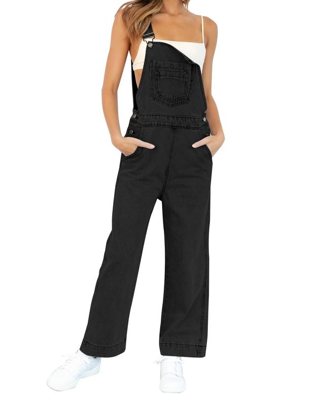 Goranbon Womens Jean Bib Overalls Adjustable Casual One Piece Jumpsuits Revolt Juniors Stretch Wide Leg Loose Denim Pants