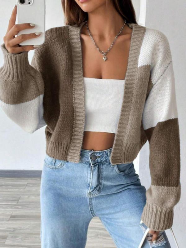 Women's Patchwork Drop Shoulder Crop Cardigan, Fall Outfits, Casual Bishop Sleeve Open Front Knitwear for Fall, Fashion Women's Knit Clothing for Daily Wear, Fall Clothing, Downtown Girl Clothes