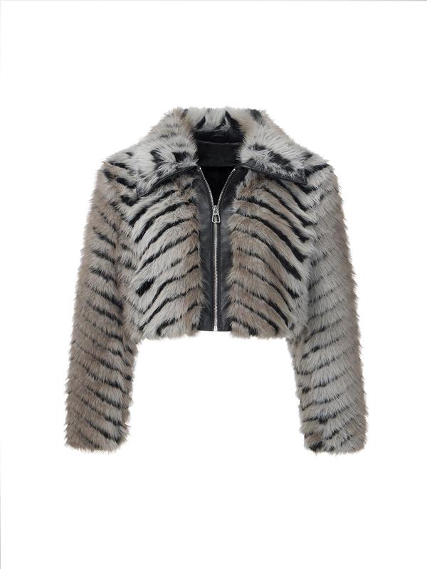 Women's Striped Pattern Zip Up Faux Fur Coat, Casual Long Sleeve Collared Fuzzy Jacket for Fall & Winter, Winter Clothes Women, Women's Clothing for Daily Wear