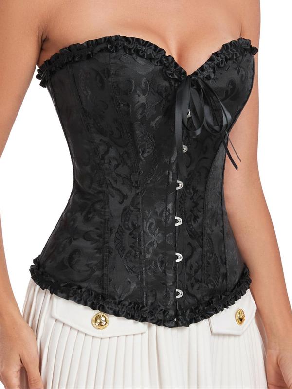 Women's Sexy Floral Jacquard Lace Up Shapewear Top, Tied Hook Front Frill Trim Corset Tube Top, Tummy Control Shaper for Women