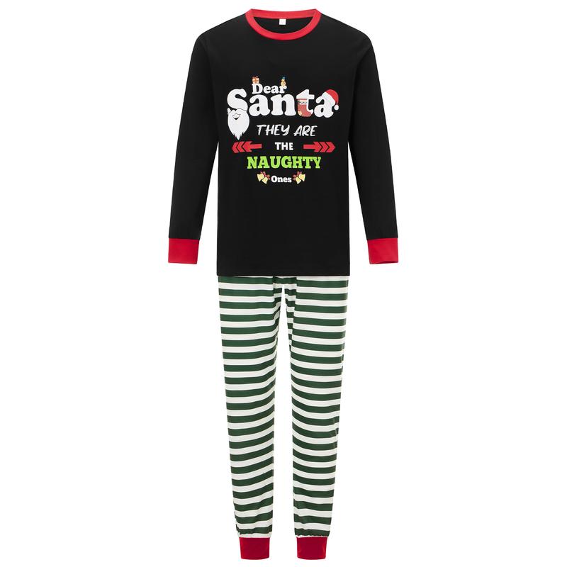 Christmas Family Pajamas Matching Set, Long Sleeve Letters Print T-shirt with Striped Pants Sleepwear Loungewear