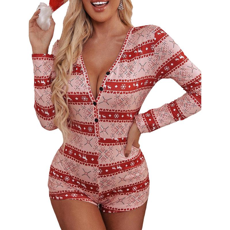 Women Christmas Printed Pattern Pajama, V-neck Long Sleeve Playsuit Loungewear Nightwear Soft Pjs Two-Piece Sleepwear Black Friday Womenswear Comfortable