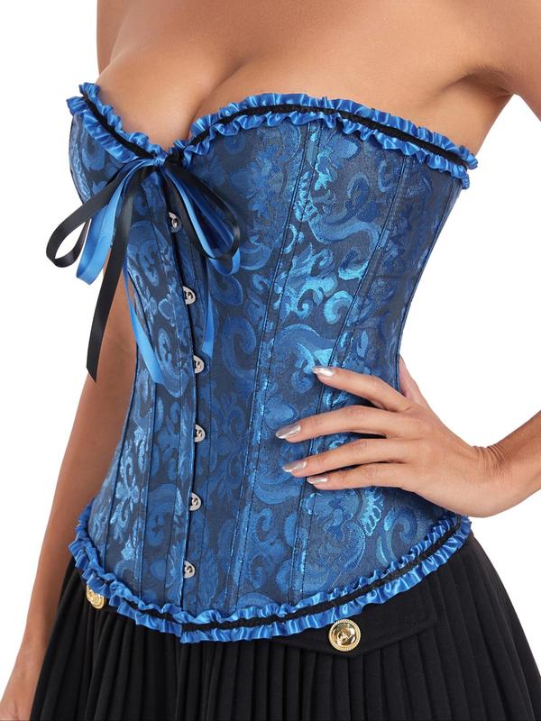 Women's Sexy Floral Jacquard Lace Up Shapewear Top, Tied Hook Front Frill Trim Corset Tube Top, Tummy Control Shaper for Women