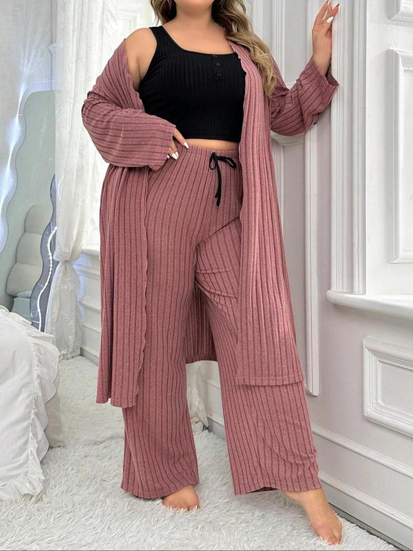  Three-Piece Set Solid Scoop Neck Crop Top & Drawstring Waist Pants & Open Front Long Sleeve Outwear Loungewear Set, Casual Comfy Pyjama Set for Women, Women's Sleepwear for All Seasons