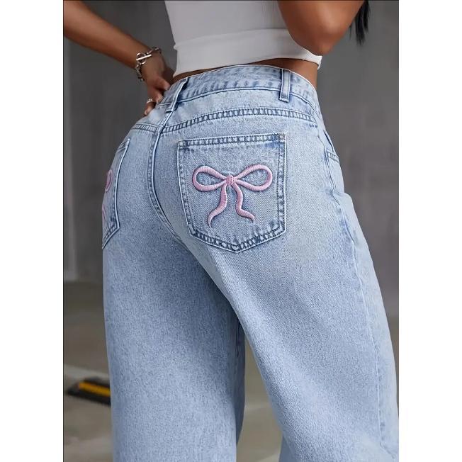 2024 Spring And Autumn New High-waisted Straight-leg Wide-leg Pants Casual Loose Embroidered Bow Jeans