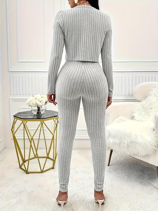 Two-piece Set Women's Solid Button Front Crop Top & Skinny Tube Jumpsuit, Casual Long Sleeve Round Neck Top & Jumpsuit for Daily Wear, Fall Sets, Ladies Two-piece Outfits for All Seasons