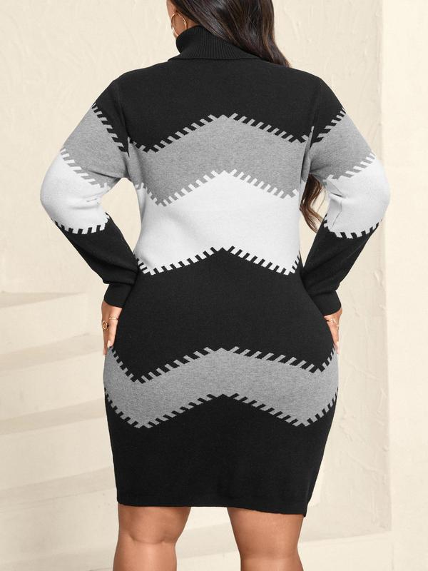 CURVZY Plus Size Colorblock Print Turtle Neck Sweater Dress, Casual Long Sleeve Bodycon Knit Dress for Fall & Winter, Women's Clothes for Daily Wear