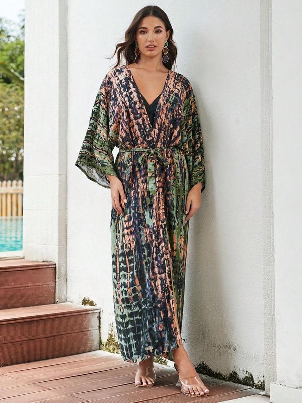 Women's All Over Print Belted Long Sleeve Kimono Robe, Casual Long Cover-up Robe for Beach Vacation, Ladies Clothes for All Seasons